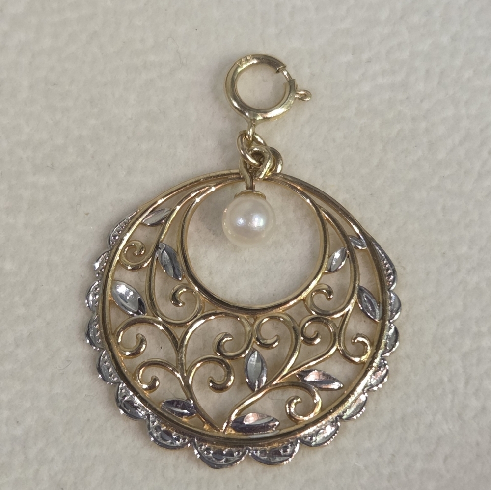 Genuine Solid 14K "2-tone" Gold Floral Filligree Pendant With Dangling Pearl